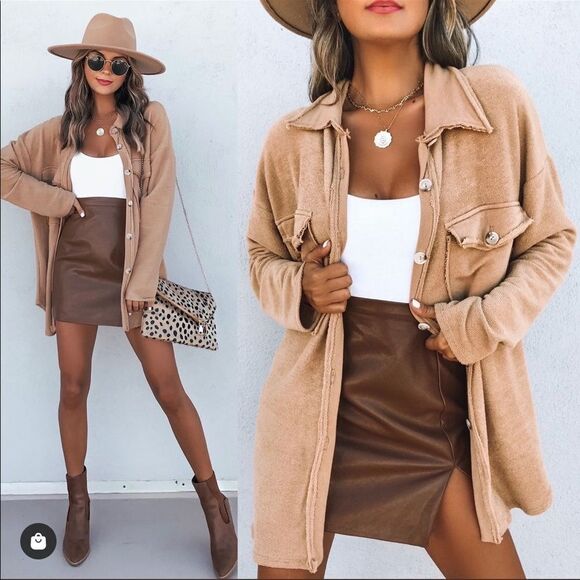 Tops - Tan shacket Terry cloth button long sleeve fall cute vacation beach coverup